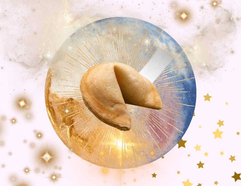 a fortune cookie on a colorful pink and gold background