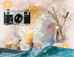 a collage depicting the zodiac wheel, the sea, paint brushes, candles and crystals and a camera on an artistic background