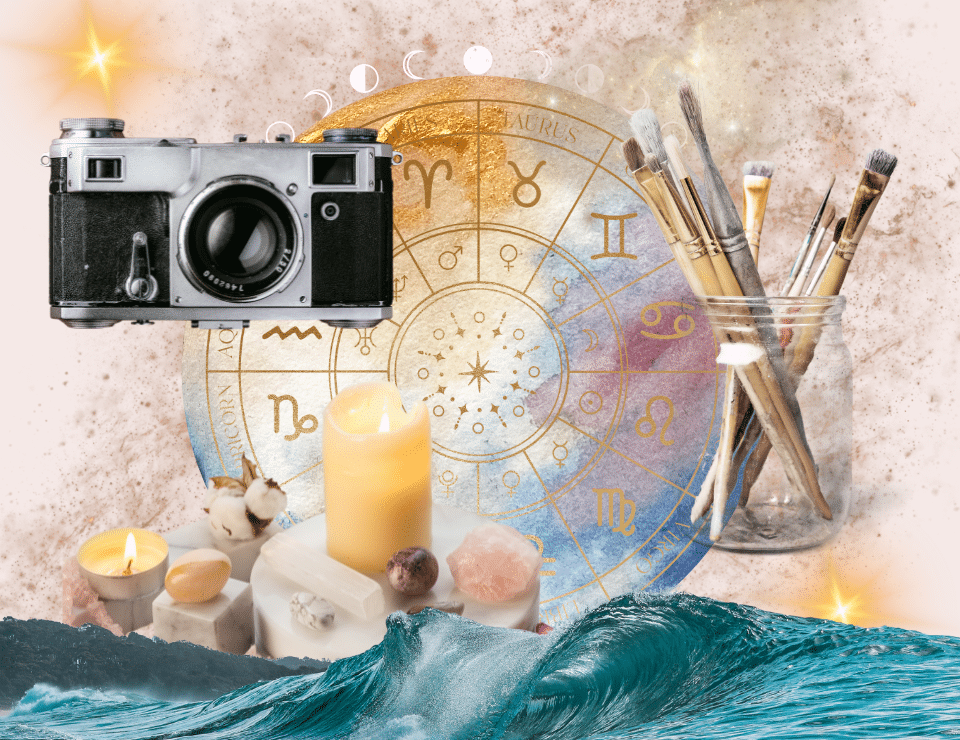 a collage depicting the zodiac wheel, the sea, paint brushes, candles and crystals and a camera on an artistic background