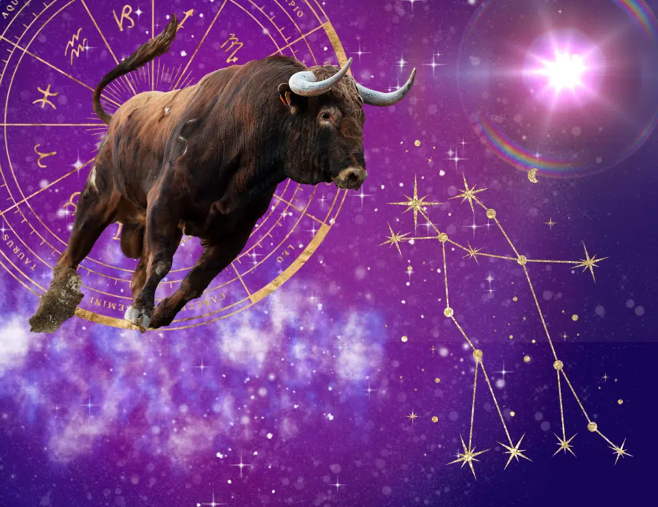 a bull charging across space towards the constellation of gemini
