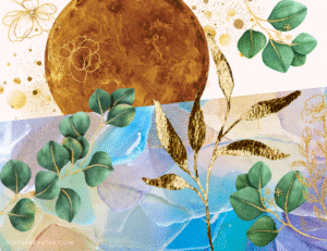 a colorful collage of planet Venus, gemstones, gold and green leaves, and gold splatters