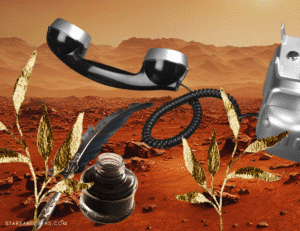 a collage of communication devices from different times on a background of planet mars