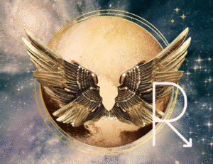 planet pluto with a huge pair of solid gold wings over it and the symbol for retrograde to the right of it. All on a navy and cream coloured background with stars