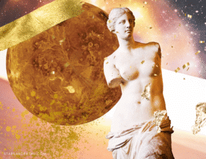 Venus de Milo statue in front of a peace coloured starry background, planet Venus and lots of pretty gold confetti