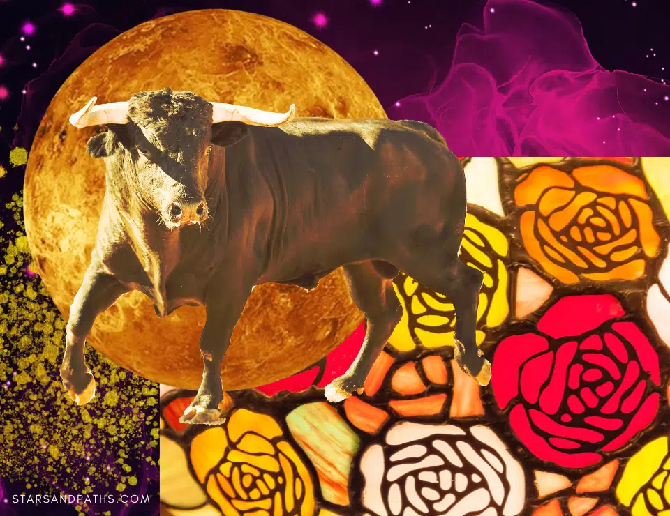 large brown bull on a background of stained glass roses, planet venus, gold flecks, and red nebula