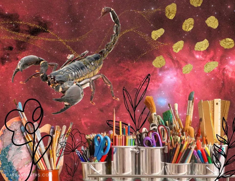 scorpion on a creative background of paintbrushes, doodles, and gold splatters