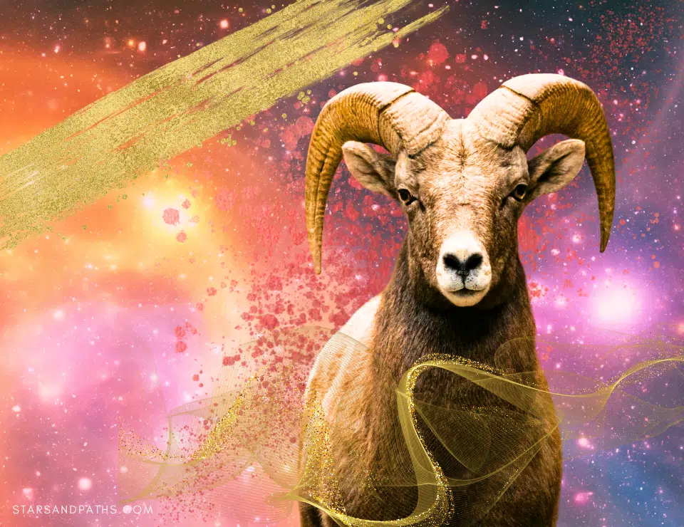 a large beautiful ram on a background of gold paint strokes, red paint spots and space