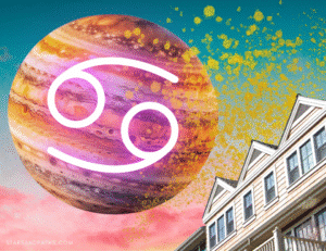 planet jupiter on a bright blue-green sky, beautiful wooden houses, and gold paint flecks