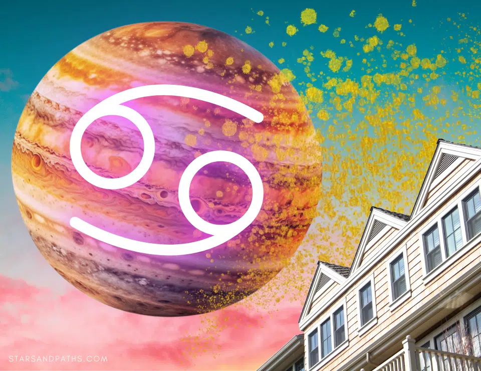 planet jupiter on a bright blue-green sky, beautiful wooden houses, and gold paint flecks