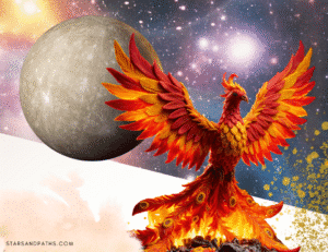 the mythical phoenix bird in front of a background of space and planet mercury