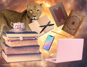 a yellow/gold background with stacks of old books, work equipment and a lioness in the background