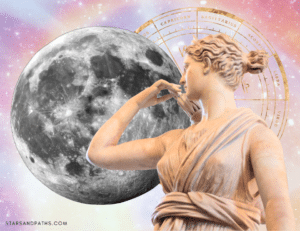 White statue of goddess Artemis on a pastel colored background with a photo of the moon and a graphic of the astrological wheel at the back