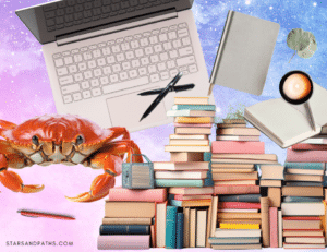 a collage of colorful pastel books stacked with work equipment like a laptop, notebooks, and pens dotted around