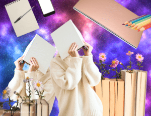 two identical women in white facing away from each other. the background is colorful blue and purple nebula.